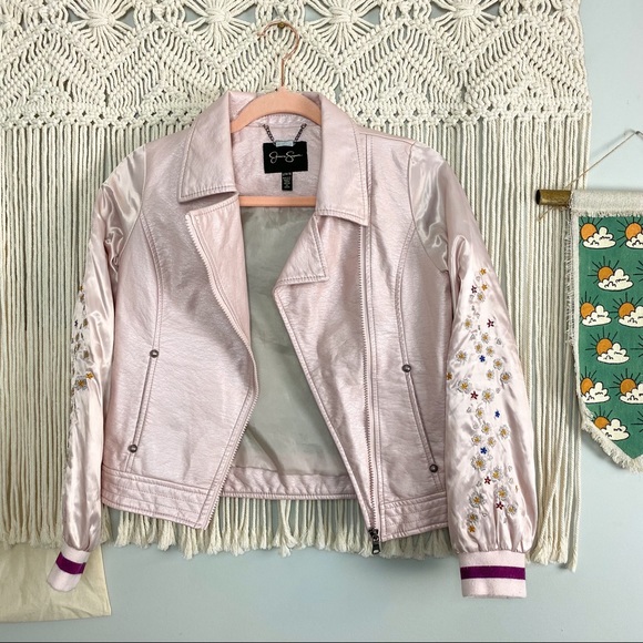 Jessica Simpson Faux Leather Satin Embroidered Sleeve Light Pink Floral Jacket L - Picture 2 of 11